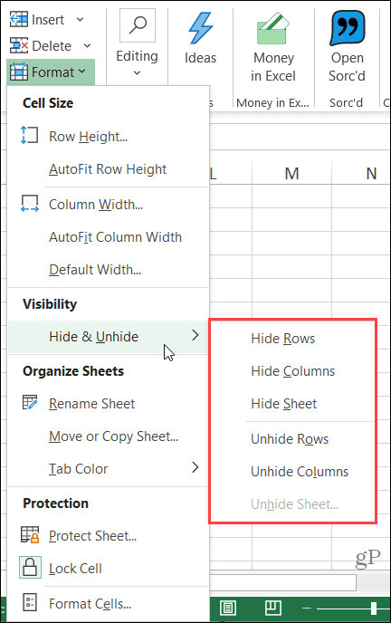 Nascondi barra multifunzione delle colonne in Excel su Windows