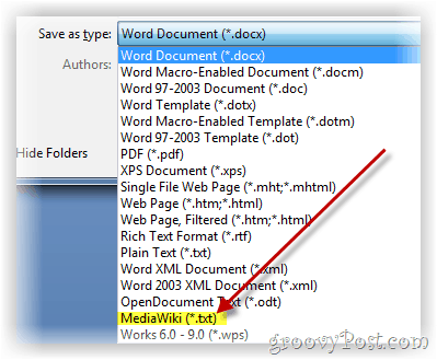 Salva documento Word come testo in formato mediawiki