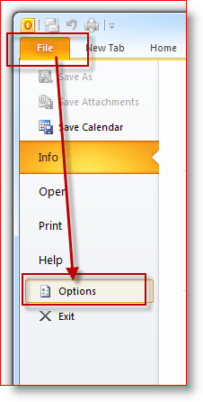 File di Outlook 2010, menu Opzioni