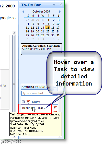 Barra delle cose da fare di Outlook 2007: passa il mouse sopra l'elemento per maggiori dettagli
