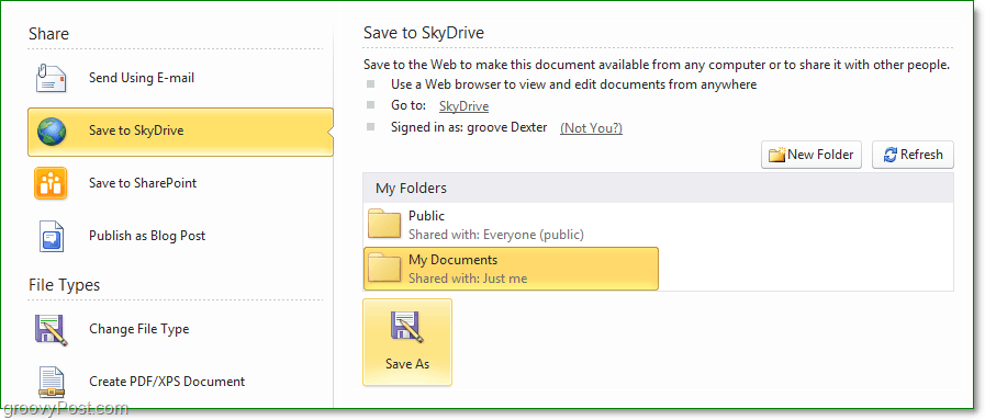 come posso salvare un file su skydrive di Office 2010