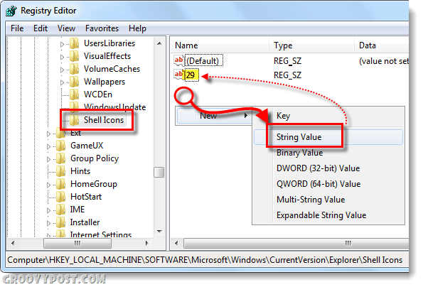 creare icone di shell e valore stringa 29 in Windows 7
