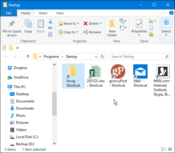 Cartella di avvio di Windows 10