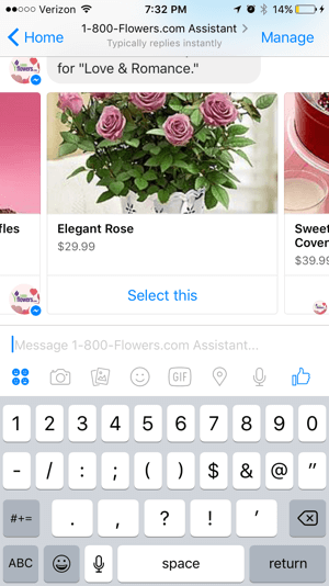 I clienti possono facilmente sfogliare e selezionare i prodotti dal chatbot 1-800-Flowers.