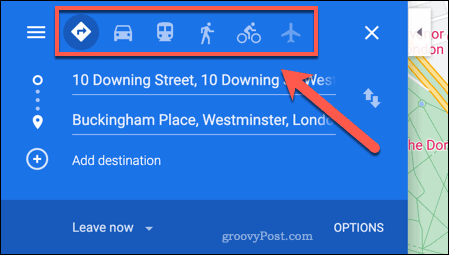 Opzioni di viaggio in Google Maps