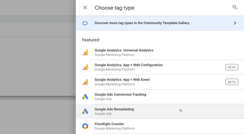 nuovo tag google tag manager con opzioni di menu scegli tipo di tag con diverse funzionalità, incluso google analisi: analisi universale, analisi di Google: configurazione app + web, remarketing di Google Ads, tra altri