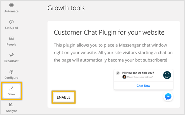 ChatFuel abilita il plug-in della chat del cliente