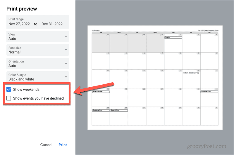 Google Calendar mostra i fine settimana