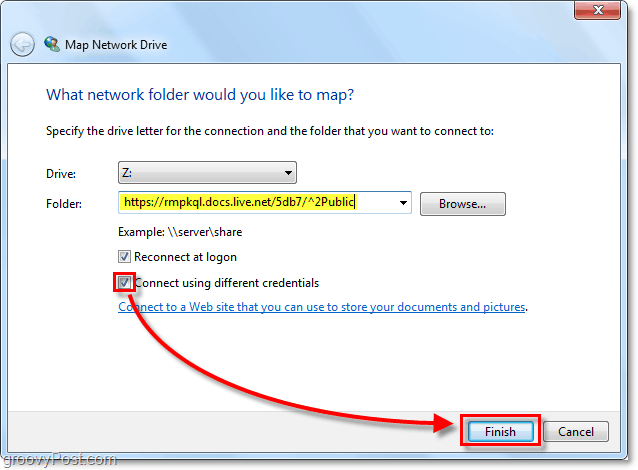 incollare l'URL di skydrive di Windows Live nell'opione dell'unità di rete mappata e verificare il conect utilizzando credenziali diverse, quindi fare clic su Fine.