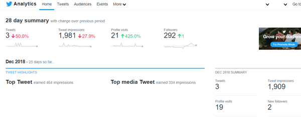 Esempio di riepilogo di 28 giorni di Twitter Analytics.