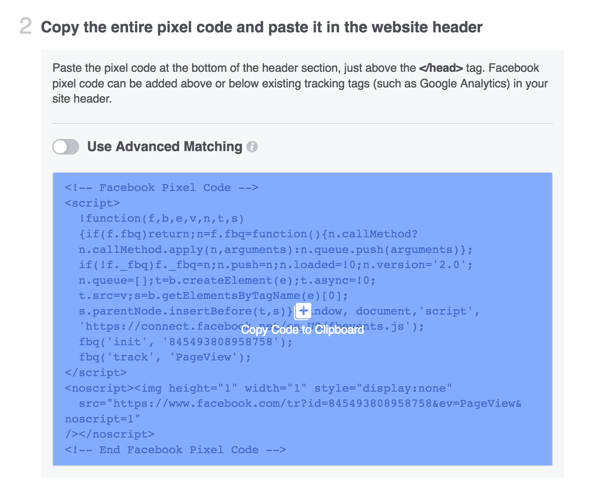 Copia il codice pixel di Facebook e installalo sul tuo sito web.