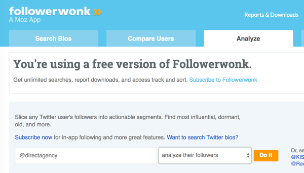 Seleziona l'account Twitter che desideri analizzare con Followerwonk.