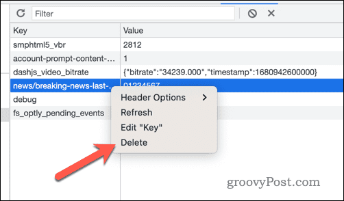 Elimina i valori delle chiavi di archiviazione locale negli strumenti per sviluppatori di Google Chrome