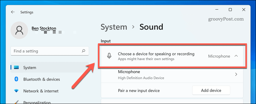 Scelta di un dispositivo di input audio su Windows 11