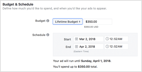 Scegli un budget a vita per i tuoi annunci.