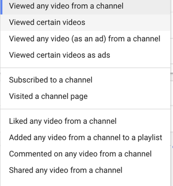 Come impostare una campagna di annunci YouTube, passaggio 27, impostare un'azione utente di remarketing specifica