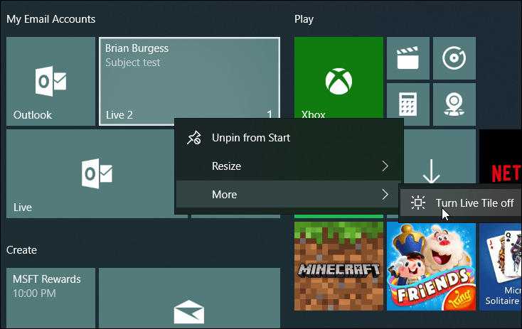 Disponi Live Mail Tiles Avvio di Windows 10