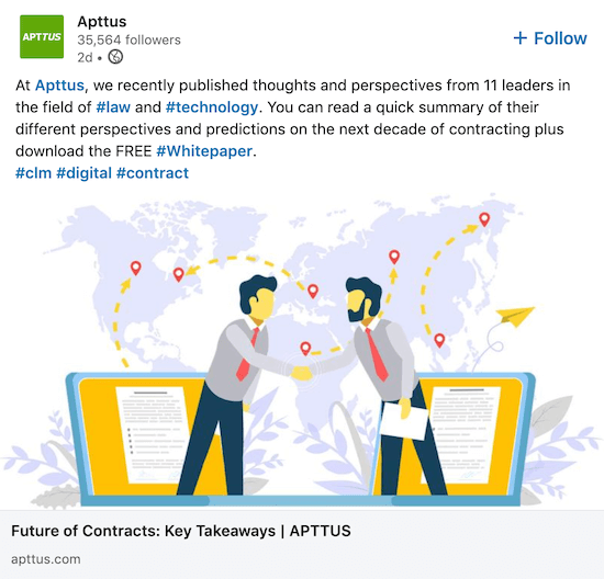 Post sulla pagina aziendale di LinkedIn di Apttus che condivide il white paper con il marchio
