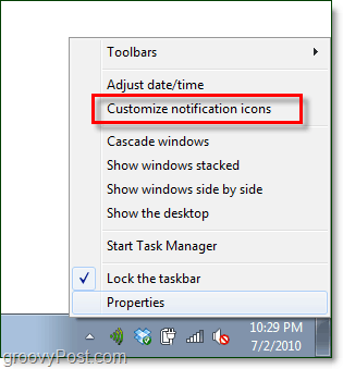 personalizzare le notifiche della barra delle applicazioni di Windows 7