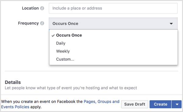 selezionare l'intervallo dal menu Frequenza per creare un evento ricorrente con la pagina Facebook