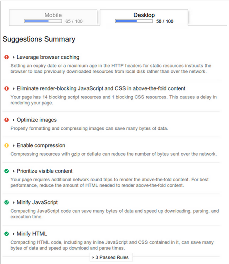 rapporto sui suggerimenti sulla velocità di Google Analytics