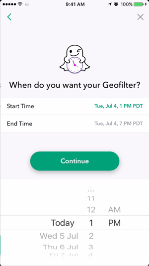 Seleziona una data e un'ora in cui il tuo geofiltro Snapchat sarà attivo.