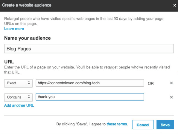 Puoi aggiungere più URL per eseguire il retargeting con i segmenti di pubblico corrispondenti di LinkedIn.