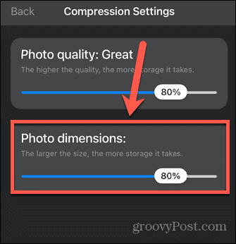 comprimere l'impostazione della dimensione dell'immagine dell'app per le foto