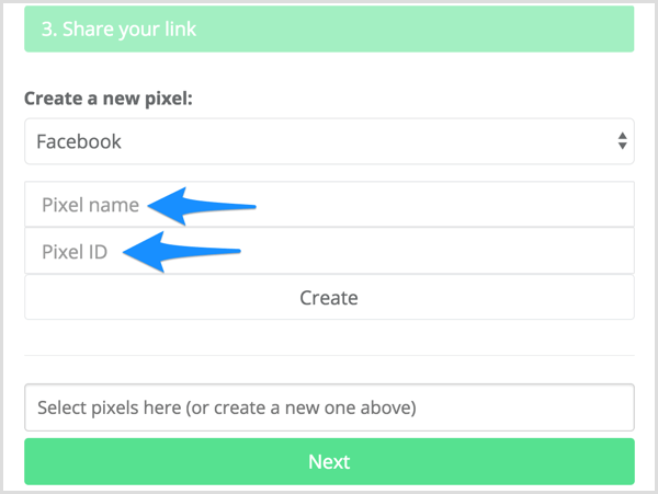 Immettere il nome del pixel e l'ID del pixel in Meteor.link.