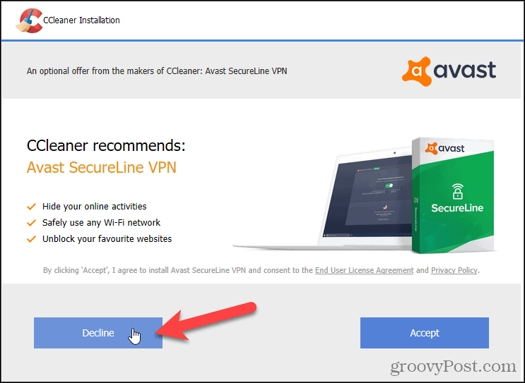 Rifiuta Avast VPN in CCleaner