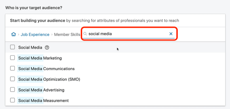 screenshot dei risultati di ricerca per le competenze dei membri dei "social media" su LinkedIn