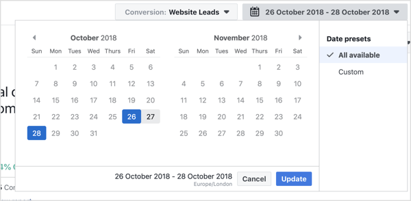 Scegli l'intervallo di date che desideri visualizzare con lo strumento Attribuzione di Facebook.