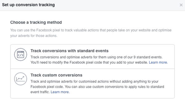 Puoi scegliere tra due metodi di monitoraggio delle conversioni per gli annunci di Facebook.