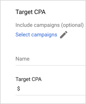 Questo è uno screenshot delle opzioni del CPA target di Google Ads. Queste opzioni sono Includi campagne (opzionale), Seleziona campagne, Nome, CPA target (con una casella di testo per l'immissione di un valore). Mike Rhodes afferma che le opzioni di offerta intelligente di Google Ads come il CPA target utilizzano l'intelligenza artificiale per gestire le offerte.