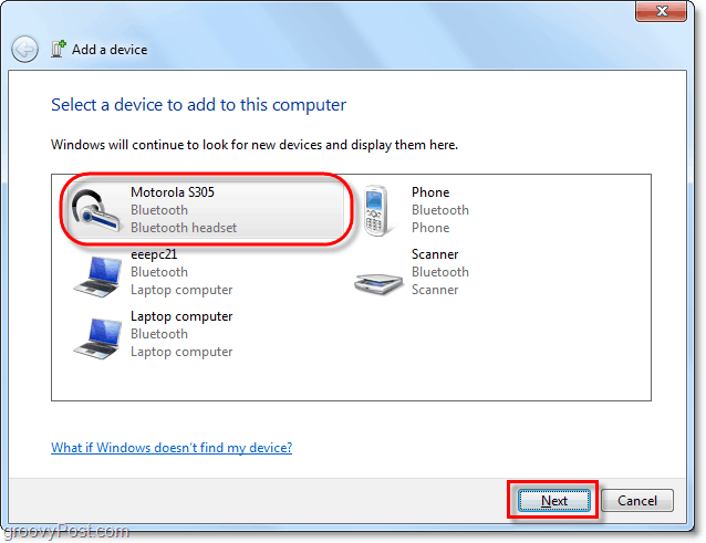 fai clic sul tuo dispositivo bluetooth da Windows 7, aggiungi una procedura guidata per il dispositivo e fai clic su Avanti