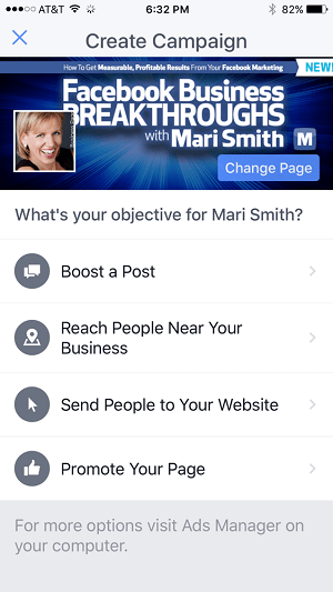 dashboard degli annunci di Facebook nell'app di gestione delle pagine di Facebook