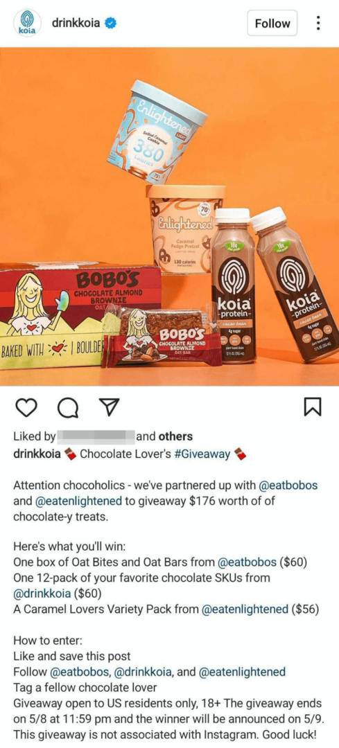 immagine del post aziendale di Instagram con giveaway in co-branding
