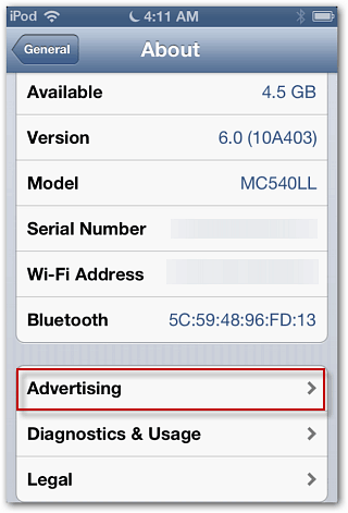 Informazioni sulla pubblicità iOS 6