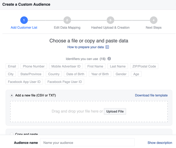 Quando crei un pubblico personalizzato di Facebook dalla tua lista e-mail, puoi migliorare il tuo tasso di corrispondenza con identificatori aggiuntivi.