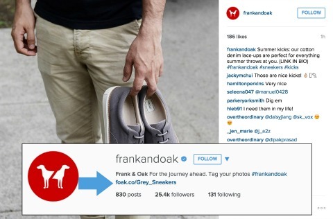 Frank e Oak esempio di aggiunta di link alla tua biografia di Instagram