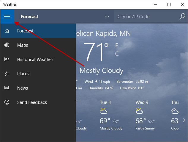 menu hamburger Windows 10 Meteo