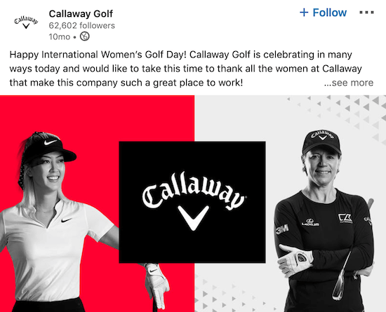 Post della pagina LinkedIn di Callaway Golf per la Giornata internazionale della donna