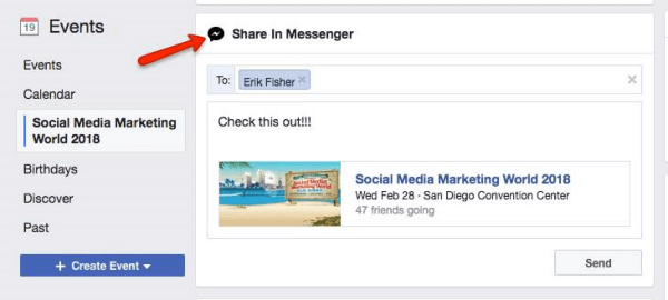 Facebook richiede agli utenti di condividere un evento scoperto su Facebook con altri utenti di Messenger.