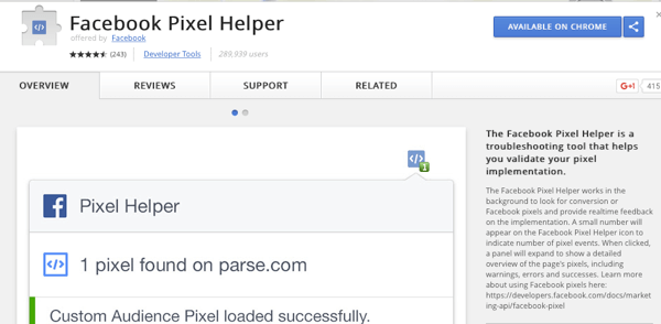Installa Facebook Pixel Helper per verificare che il tuo monitoraggio funzioni.