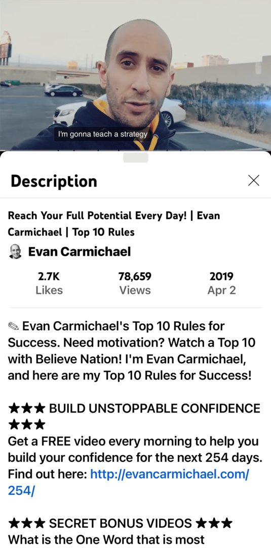 immagine del video YouTube di Evan Carmichael e descrizione sull'app mobile