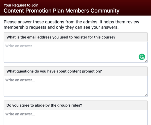 Chiedi ai potenziali membri del gruppo Facebook di rispondere a domande qualificanti.