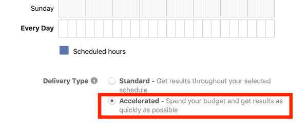 Suggerimenti per ridurre i costi degli annunci di Facebook, opzione per selezionare la consegna accelerata per la tua campagna
