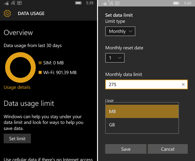 Utilizzo dei dati Windows 10 Mobile