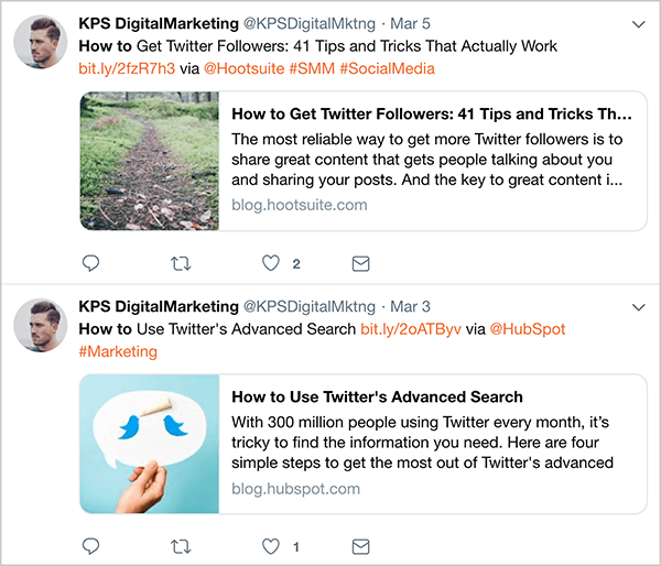 Questo è uno screenshot dei tweet automatici di @KPSDigitalMarketing pubblicati il ​​3 e il 5 marzo. Questi tweet vengono visualizzati prima che Dan Knowlton smetta di automatizzare i tweet. I tweet seguono una formula che li rende riconoscibili come tweet di marketing: titolo dell