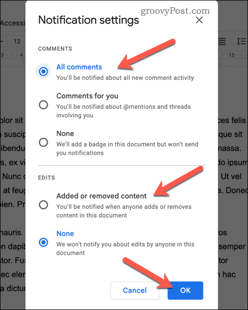 Imposta le impostazioni di notifica in Google Documenti